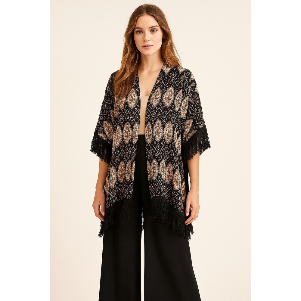 Lulla Collection by Bindya Kimono O/S Floral Boho Gypsy‎ Witchy Black Fringe